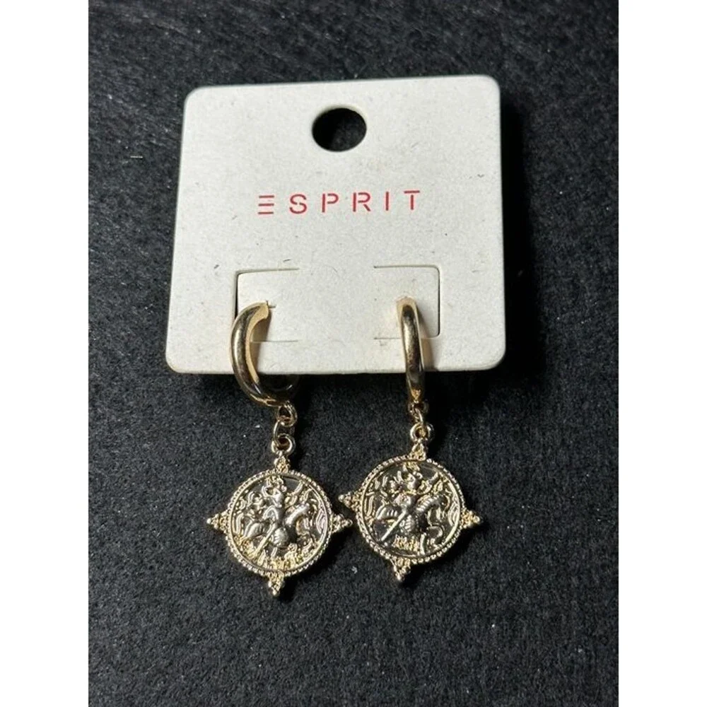 ESPRIT Gold Tone Coin Medallion Charm Dangle Hoop Earrings Embossed Boho New
